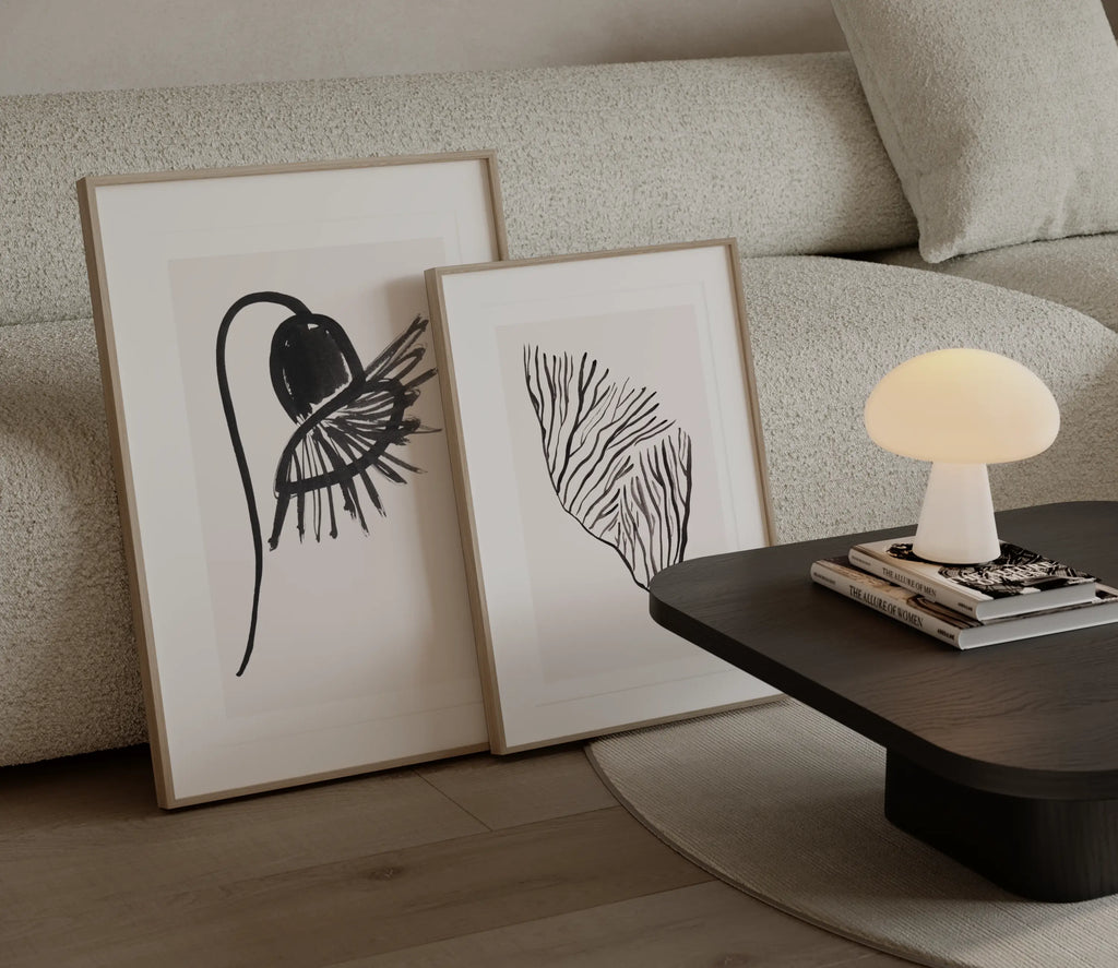 drift study organiche art print, zwart op wit, botanisch motief, zeewier japandi