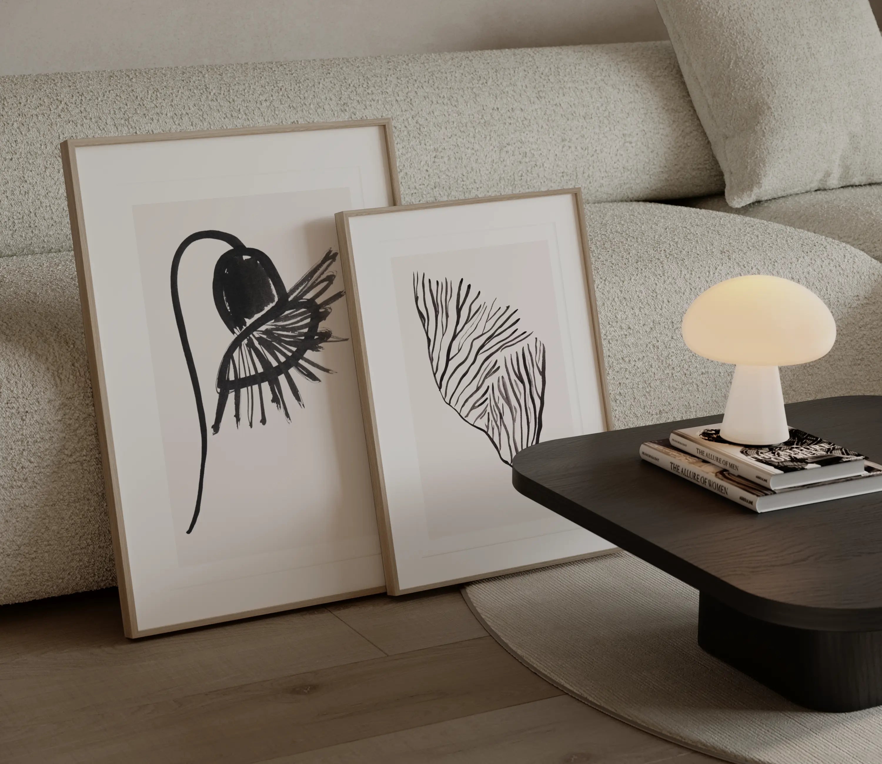 drift study organiche art print, zwart op wit, botanisch motief, zeewier japandi